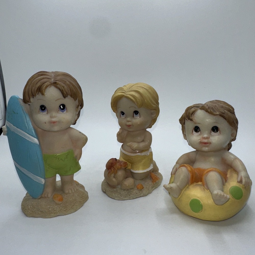 Tender Times Beach Boy Figurine Set Surfer Crab Inner Tube Summer Decor 3pc